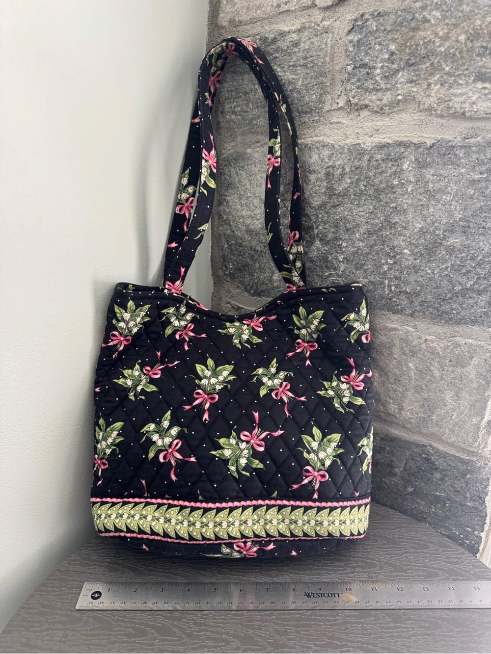 Vera Bradley Black Quilted Tote with Pink Bow & Green Leaf Print